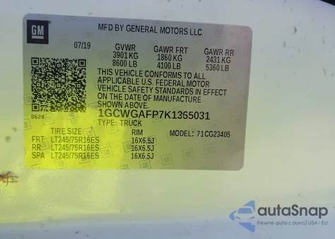 2019 Chevrolet Express 2500 Work Van from USA, damaged, VIN 1GCWGAFP7K1365031